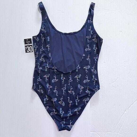 City Streets Women's One-Piece Navy-Blue Swimsuit with Neon Flamingo Print - Picture 3 of 12
